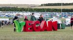 Festival goers standing behind a huge Vegan sign in a field with campsite in the background.